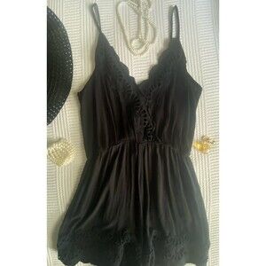 Xhiliration cute black fancy flowing lace trim summer romper medium loose fit